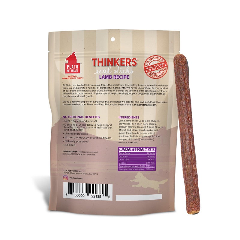 Plato Pet Treats Thinkers - Meat Sticks for Dogs - Limited Ingredient Treats with EPA and DHA to Support Skin, Coat, and Brain - Air-Dried - Lamb 10oz - Image 2